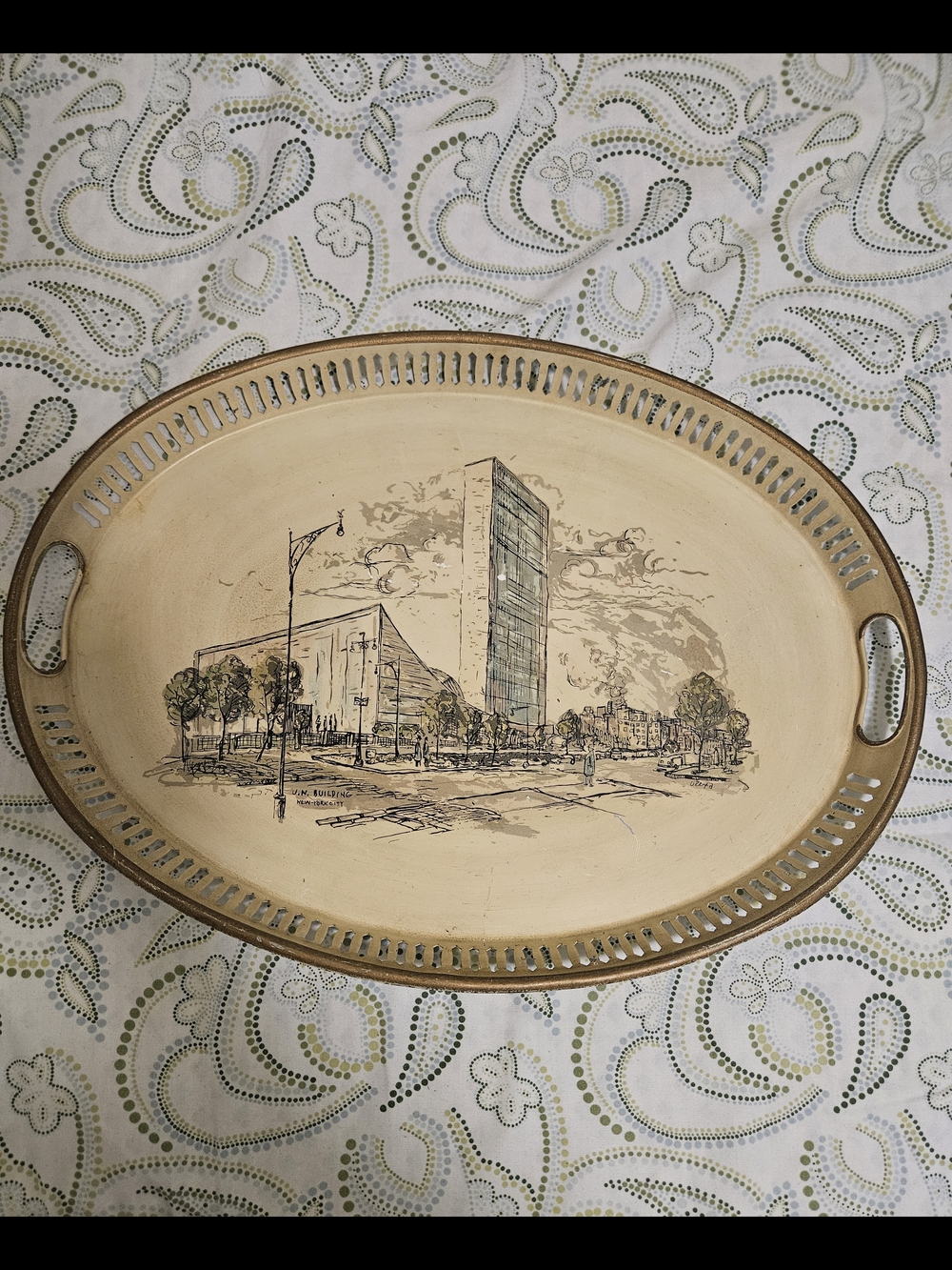 Vintage Decorative Oval Serving Tray in Beige with Sketch Motif